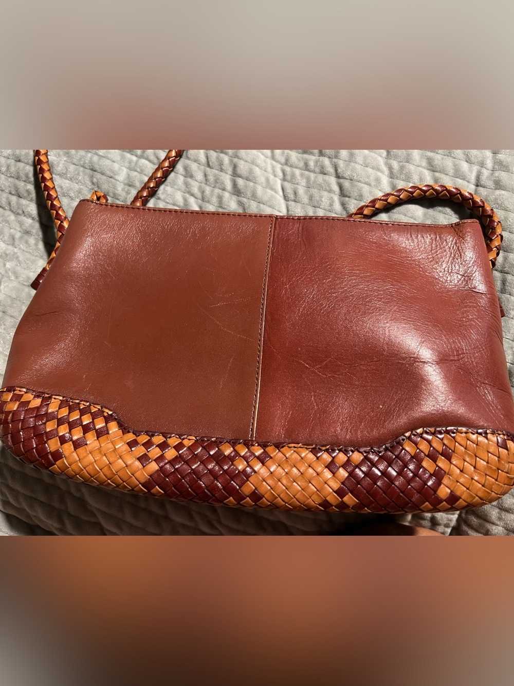 Etienne Aigner Brown Leather basket weave Shoulder Bag with Woven Tan Accent - Picture 5 of 9